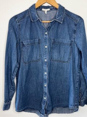 Eileen Fisher Chambray Denim Button Front Long Sleeve Shirt Women’s Small Preppy